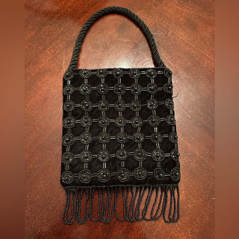 Magid Black Beaded Fringe Evening Clutch